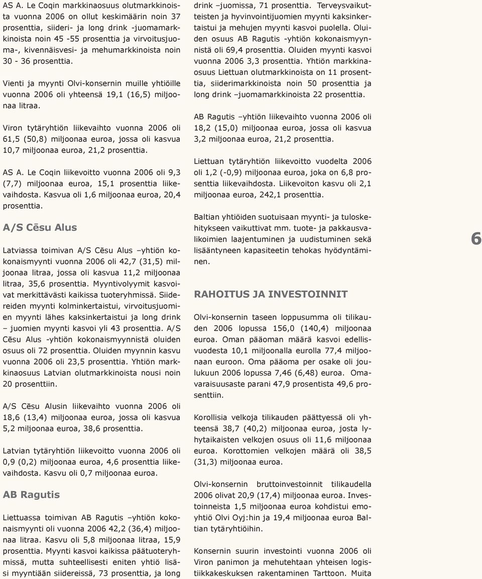Viron tytäryhtiön liikevaihto vuonna 2006 oli 61,5 (50,8) miljoonaa euroa, jossa oli kasvua 10,7 miljoonaa euroa, 21,2 prosenttia. AS A.