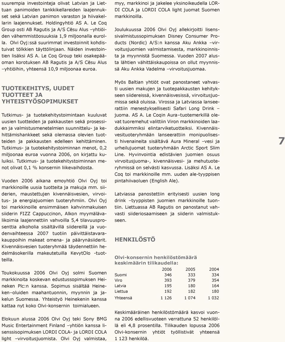 Näiden investointien lisäksi AS A. Le Coq Group teki osakepääoman korotuksen AB Ragutis ja A/S Cēsu Alus yhtiöihin, yhteensä 10,9 miljoonaa euroa.
