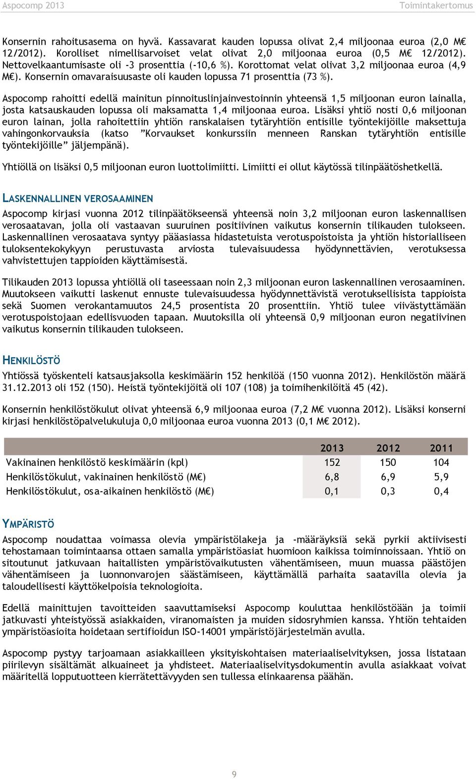 Aspocomp rahoitti edellä mainitun pinnoituslinjainvestoinnin yhteensä 1,5 miljoonan euron lainalla, josta katsauskauden lopussa oli maksamatta 1,4 miljoonaa euroa.