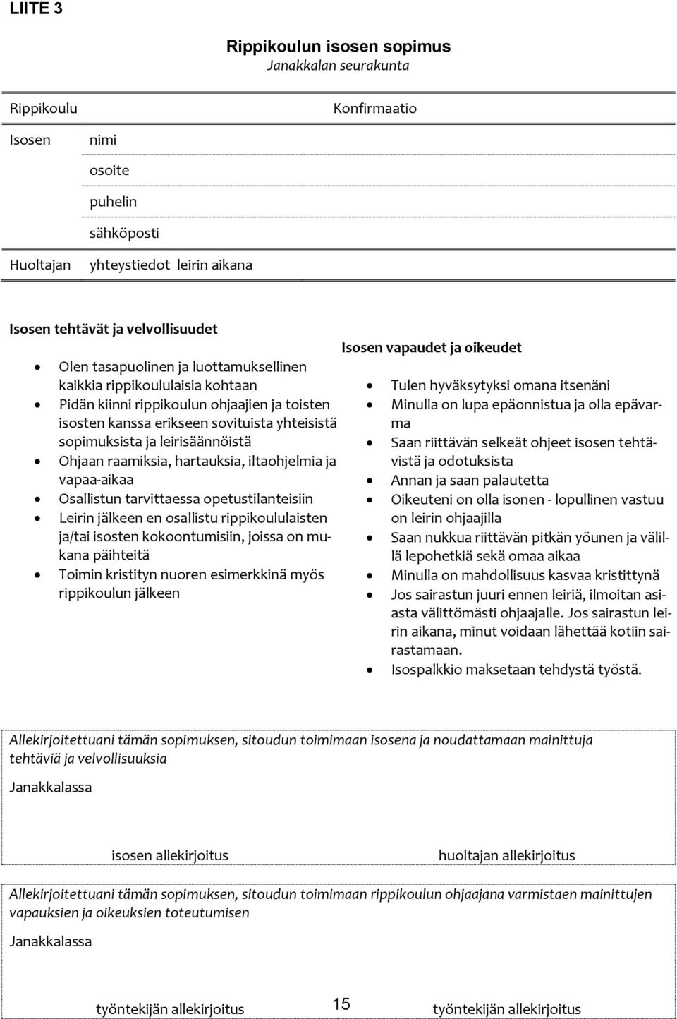 sovituista yhteisistä Minulla on lupa epäonnistua ja olla epävarma sopimuksista ja leirisäännöistä Saan riittävän selkeät ohjeet isosen tehtävistä Ohjaan raamiksia, hartauksia, iltaohjelmia ja ja