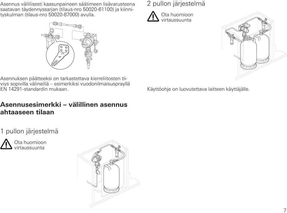 2 pullon järjestelmä Ota huomioon virtaussuunta Asennuksen päätteeksi on tarkastettava kierreliitosten tiiviys sopivilla