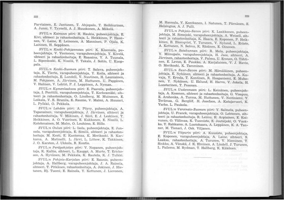 Kivelä,,>ihteeri ja rahastonhoitaja, E. Raassina, Y. A. Tuunala, L. Siponkoski, K. Nissilä, T. Takalo, J. Sohlo, U. Kuoppala. SVULn Keski-Suomen piiri: T. Salava, puheenjohtaja, K.