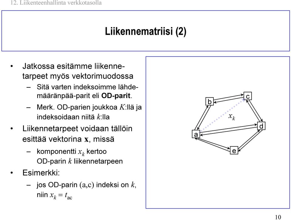 OD-prien joukko K:llä j ineksoin niitä k:ll Liikennetrpeet voin tällöin esittää vektorin x,