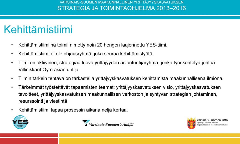 Tiimin tärkein tehtävä on tarkastella yrittäjyyskasvatuksen kehittämistä maakunnallisena ilmiönä.