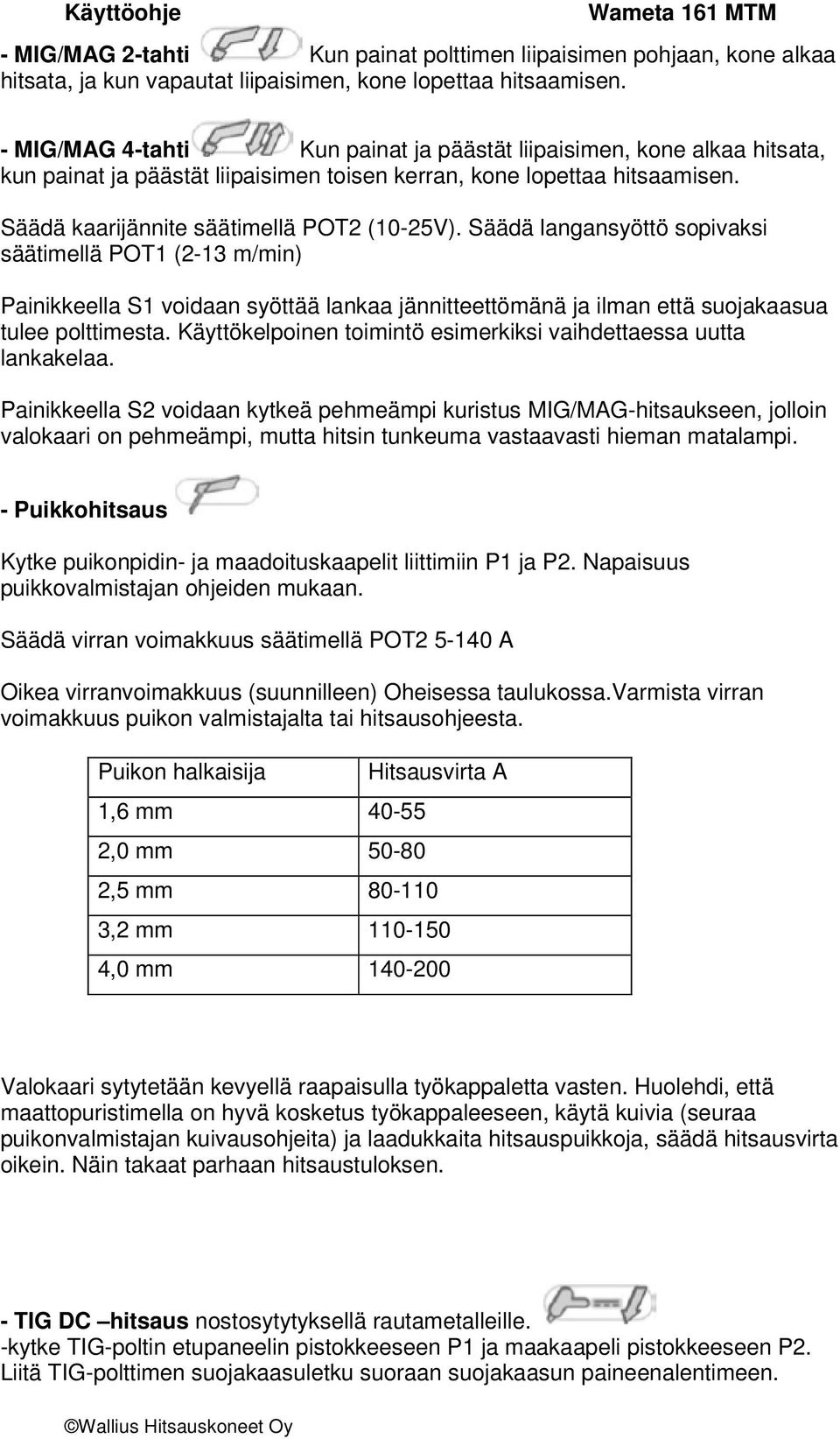 Säädä langansyöttö sopivaksi säätimellä POT1 (2-13 m/min) Painikkeella S1 voidaan syöttää lankaa jännitteettömänä ja ilman että suojakaasua tulee polttimesta.