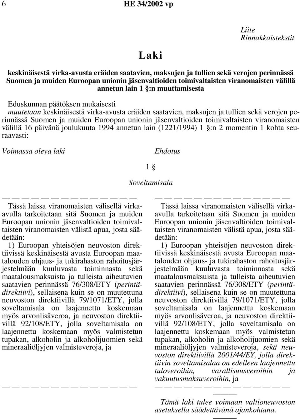 Suomen ja muiden Euroopan unionin jäsenvaltioiden toimivaltaisten viranomaisten välillä 16 päivänä joulukuuta 1994 annetun lain (1221/1994) 1 :n 2 momentin 1 kohta seuraavasti: Voimassa oleva laki