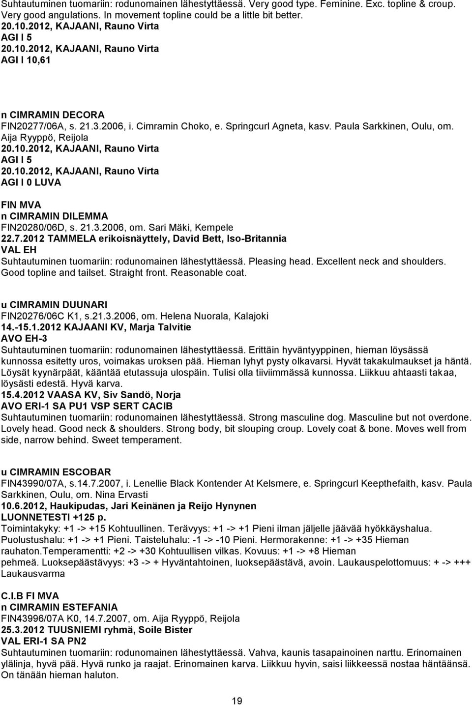 Aija Ryyppö, Reijola 20.10.2012, KAJAANI, Rauno Virta AGI I 5 20.10.2012, KAJAANI, Rauno Virta AGI I 0 LUVA FIN MVA n CIMRAMIN DILEMMA FIN20280/06D, s. 21.3.2006, om.