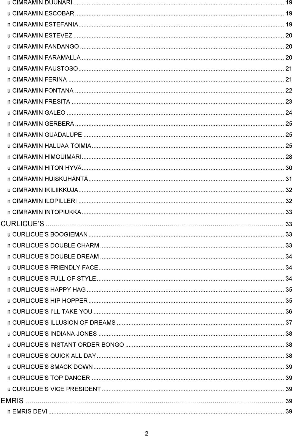 .. 28 u CIMRAMIN HITON HYVÄ... 30 n CIMRAMIN HUISKUHÄNTÄ... 31 u CIMRAMIN IKILIIKKUJA... 32 n CIMRAMIN ILOPILLERI... 32 n CIMRAMIN INTOPIUKKA... 33 CURLICUE S... 33 u CURLICUE S BOOGIEMAN.