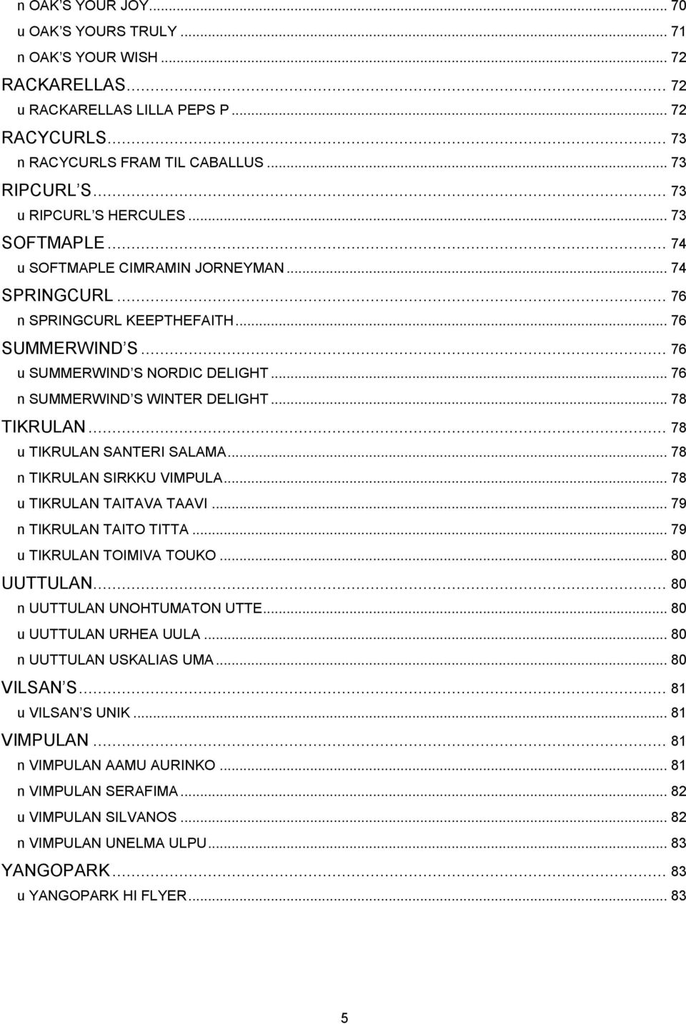 .. 76 n SUMMERWIND S WINTER DELIGHT... 78 TIKRULAN... 78 u TIKRULAN SANTERI SALAMA... 78 n TIKRULAN SIRKKU VIMPULA... 78 u TIKRULAN TAITAVA TAAVI... 79 n TIKRULAN TAITO TITTA.