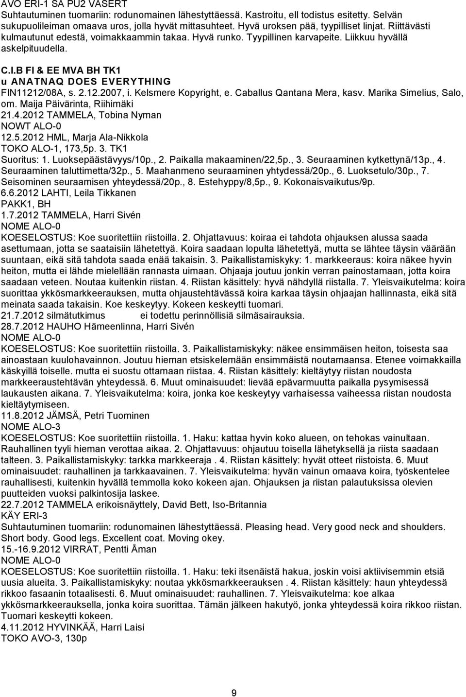 B FI & EE MVA BH TK1 u ANATNAQ DOES EVERYTHING FIN11212/08A, s. 2.12.2007, i. Kelsmere Kopyright, e. Caballus Qantana Mera, kasv. Marika Simelius, Salo, om. Maija Päivärinta, Riihimäki 21.4.