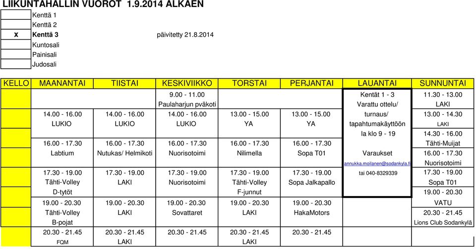 30 16.00-17.30 16.00-17.30 16.00-17.30 16.00-17.30 Tähti-Muijat Labtium Nutukas/ Helmikoti Nuorisotoimi Nilimella Sopa T01 Varaukset 16.00-17.30 annukka.moilanen@sodankyla.fi Nuorisotoimi 17.30-19.