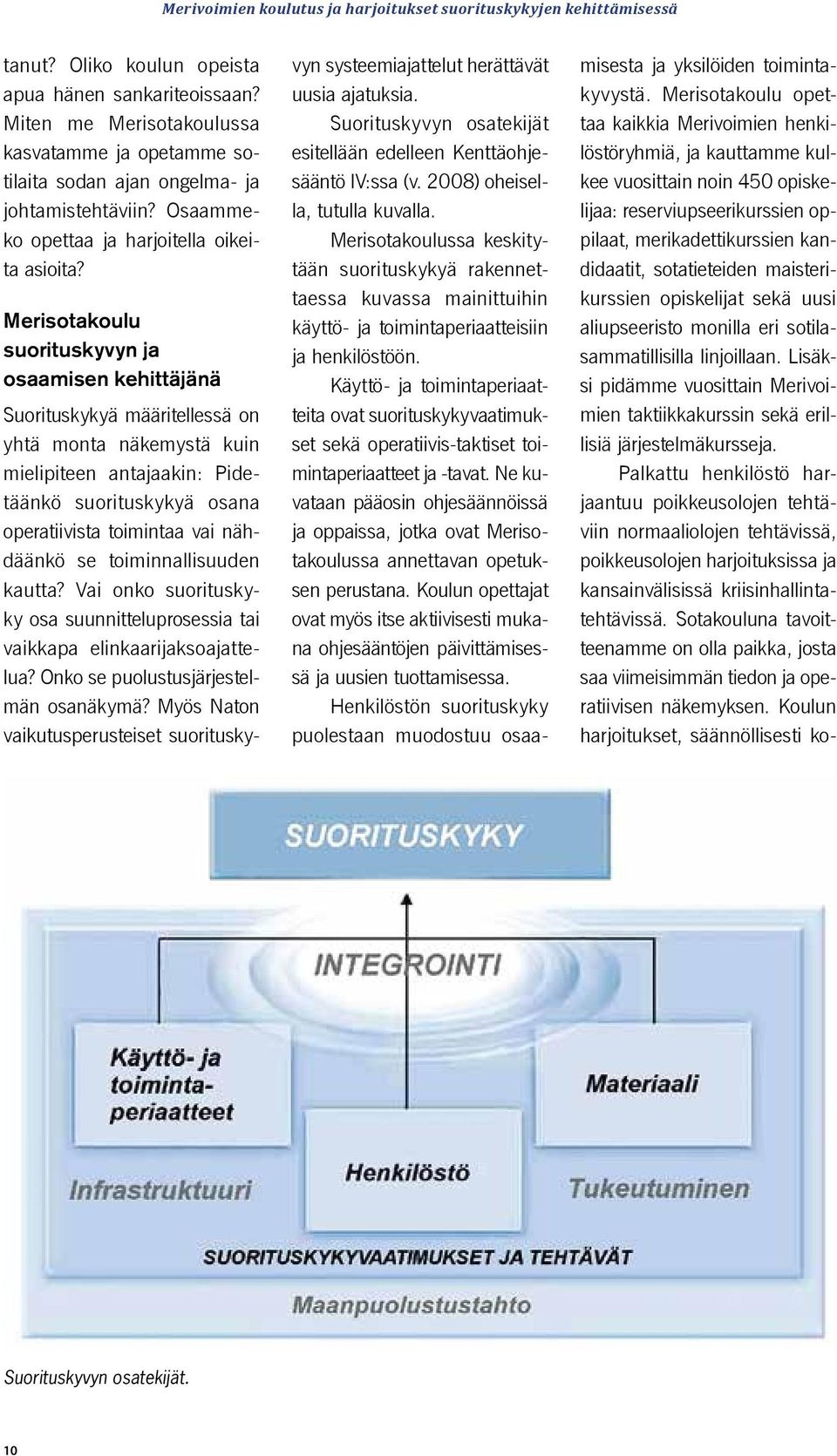 Merisotakoulu suorituskyvyn ja osaamisen kehittäjänä Suorituskykyä määritellessä on yhtä monta näkemystä kuin mielipiteen antajaakin: Pidetäänkö suorituskykyä osana operatiivista toimintaa vai