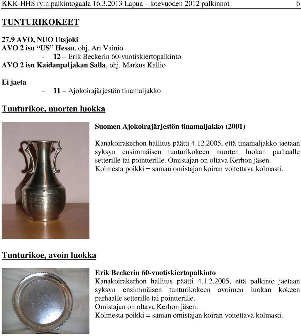 Markus Kallio Ei jaeta - 11 Ajokoirajärjestön tinamaljakko Tunturikoe, nuorten luokka Suomen Ajokoirajärjestön tinamaljakko (2001) Kanakoirakerhon hallitus päätti 4.12.