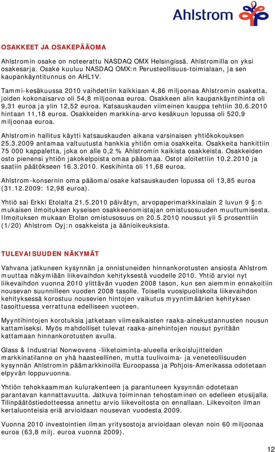 Tammi-kesäkuussa 2010 vaihdettiin kaikkiaan 4,86 miljoonaa Ahlstromin osaketta, joiden kokonaisarvo oli 54,8 miljoonaa euroa. Osakkeen alin kaupankäyntihinta oli 9,31 euroa ja ylin 12,52 euroa.