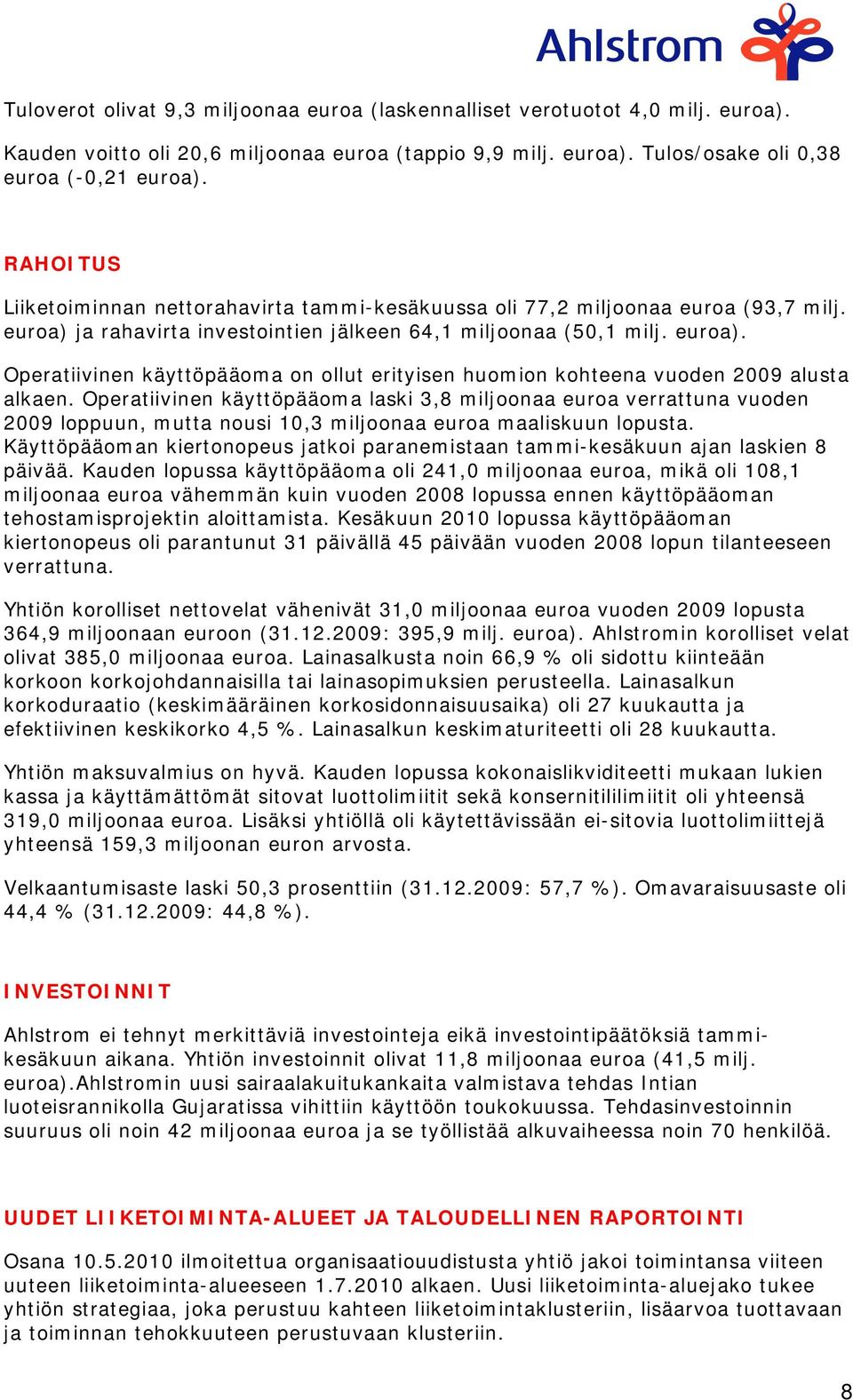 Operatiivinen käyttöpääoma laski 3,8 miljoonaa euroa verrattuna vuoden 2009 loppuun, mutta nousi 10,3 miljoonaa euroa maaliskuun lopusta.