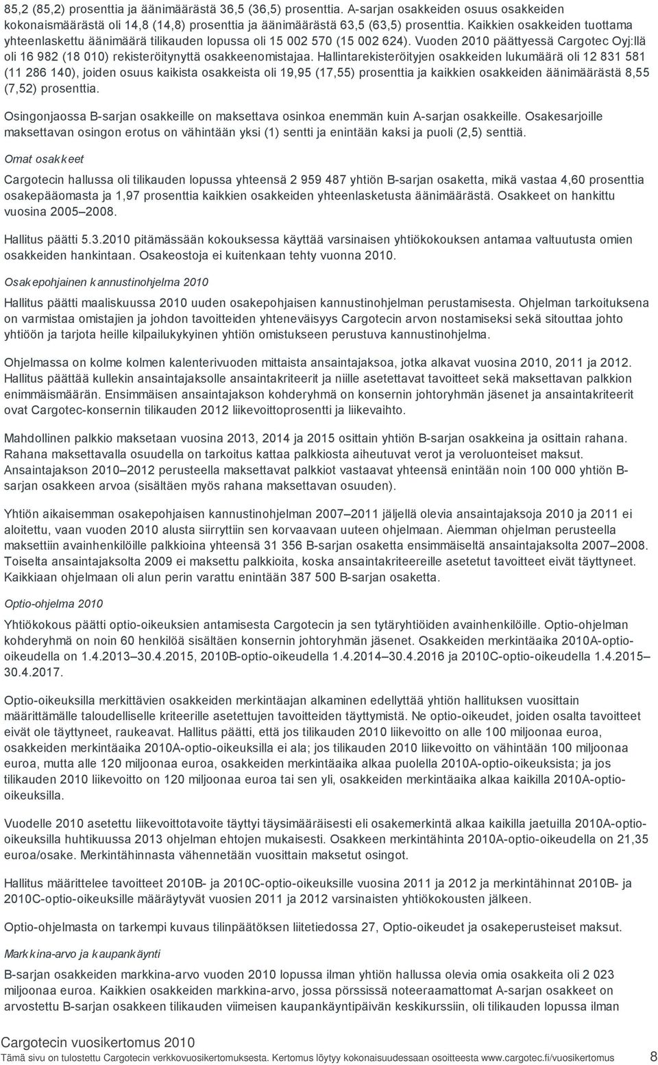 Hallintarekisteröityjen osakkeiden lukumäärä oli 12 831 581 (11 286 140), joiden osuus kaikista osakkeista oli 19,95 (17,55) prosenttia ja kaikkien osakkeiden äänimäärästä 8,55 (7,52) prosenttia.