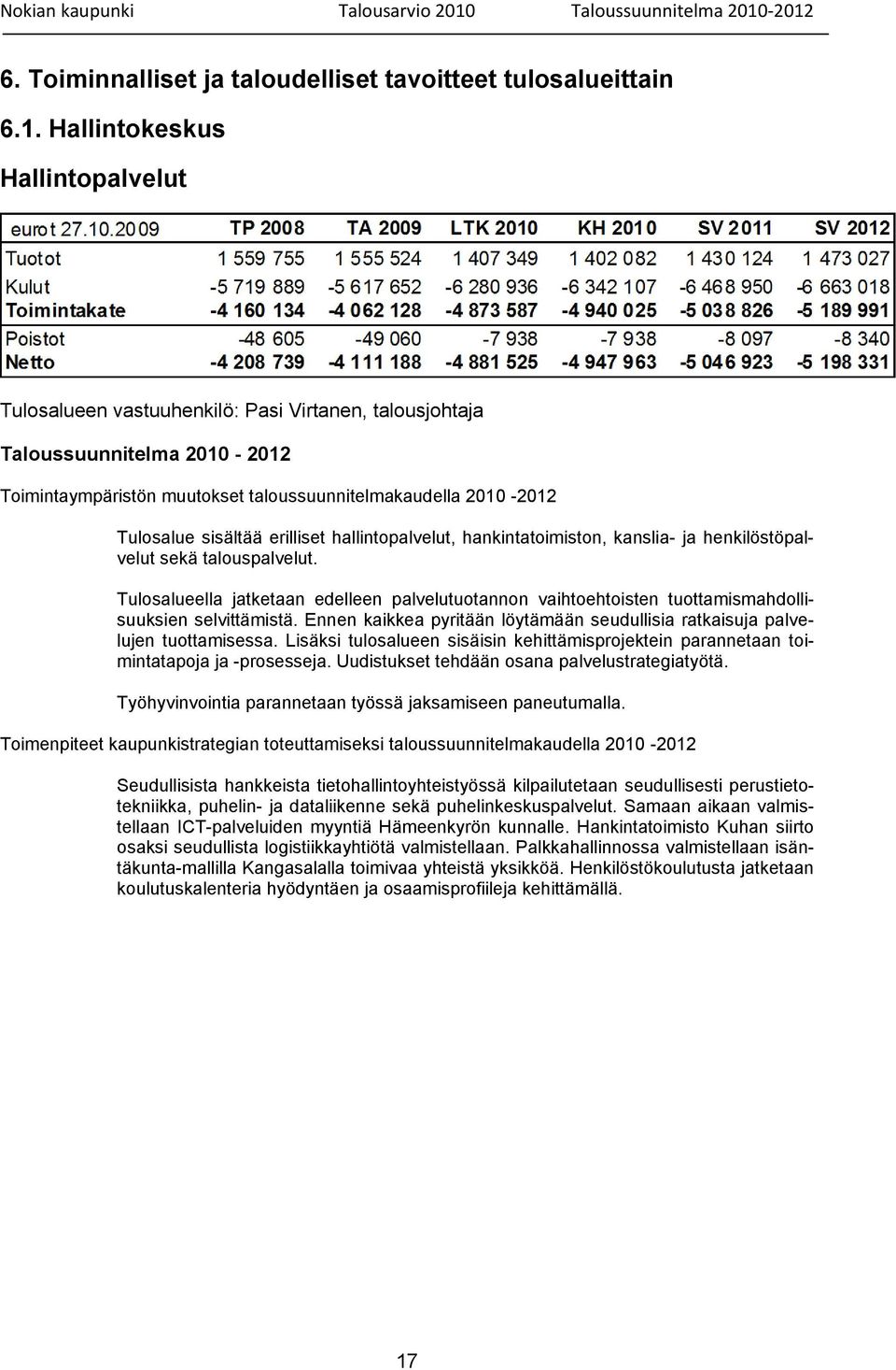 erilliset hallintopalvelut, hankintatoimiston, kanslia- ja henkilöstöpalvelut sekä talouspalvelut.