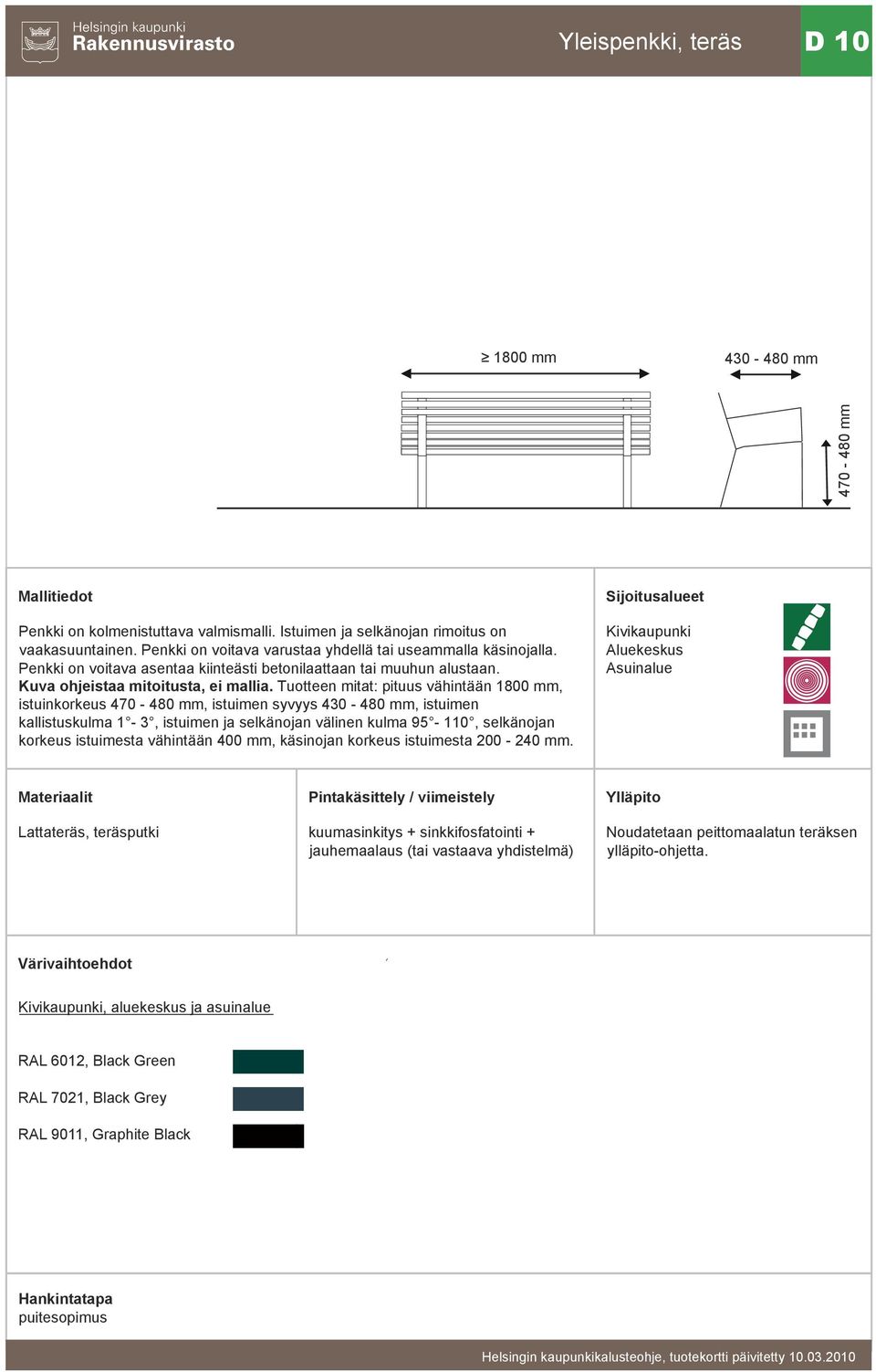 Tuotteen mitat: pituus vähintään 1800 mm, istuinkorkeus 470-480 mm, istuimen syvyys 430-480 mm, istuimen kallistuskulma 1-3, istuimen ja selkänojan välinen kulma 95-110,