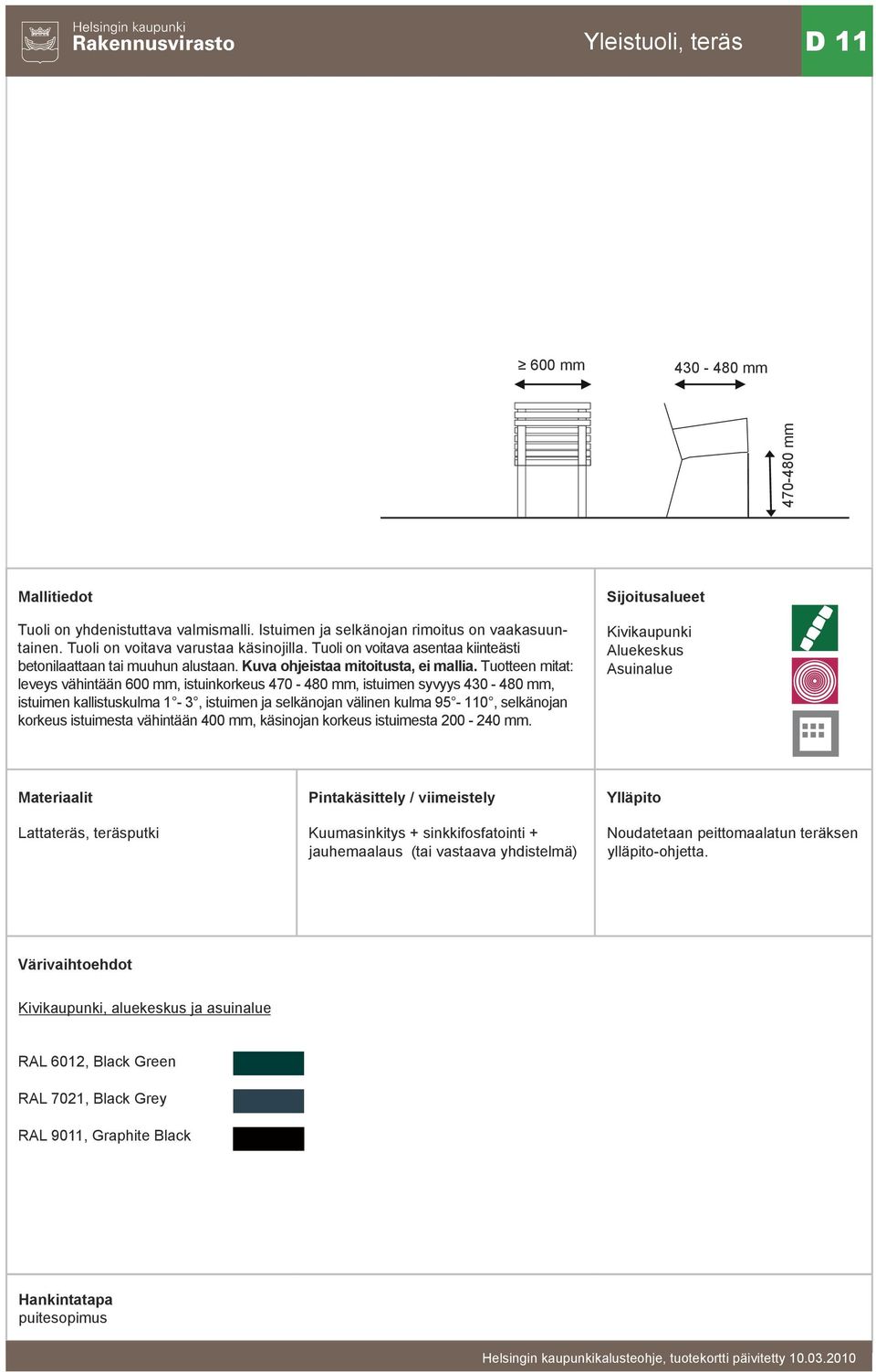 Tuotteen mitat: leveys vähintään 600 mm, istuinkorkeus 470-480 mm, istuimen syvyys 430-480 mm, istuimen kallistuskulma 1-3, istuimen ja selkänojan välinen kulma 95-110,