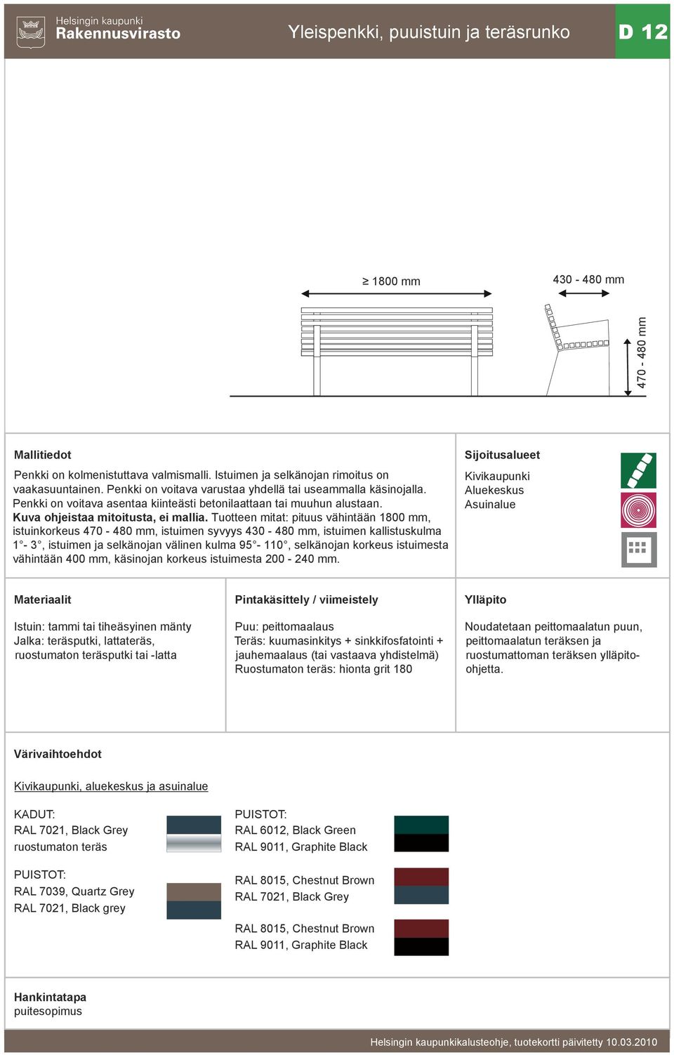 Tuotteen mitat: pituus vähintään 1800 mm, istuinkorkeus 470-480 mm, istuimen syvyys 430-480 mm, istuimen kallistuskulma 1-3, istuimen ja selkänojan välinen kulma 95-110, selkänojan korkeus istuimesta