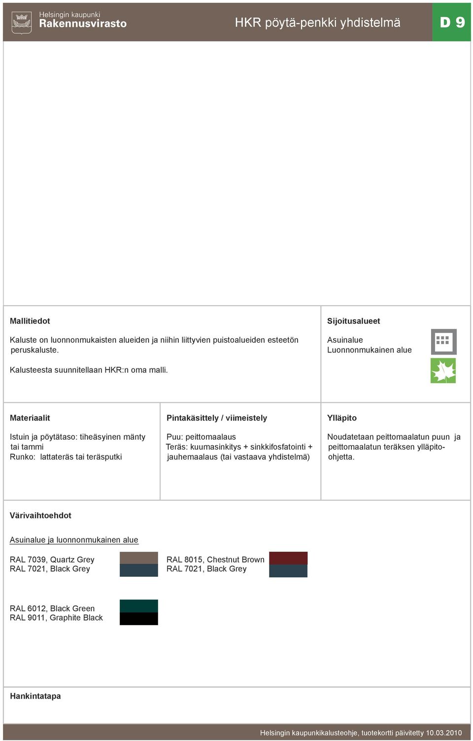 Istuin ja pöytätaso: tiheäsyinen mänty tai tammi Runko: lattateräs tai teräsputki Teräs: kuumasinkitys +