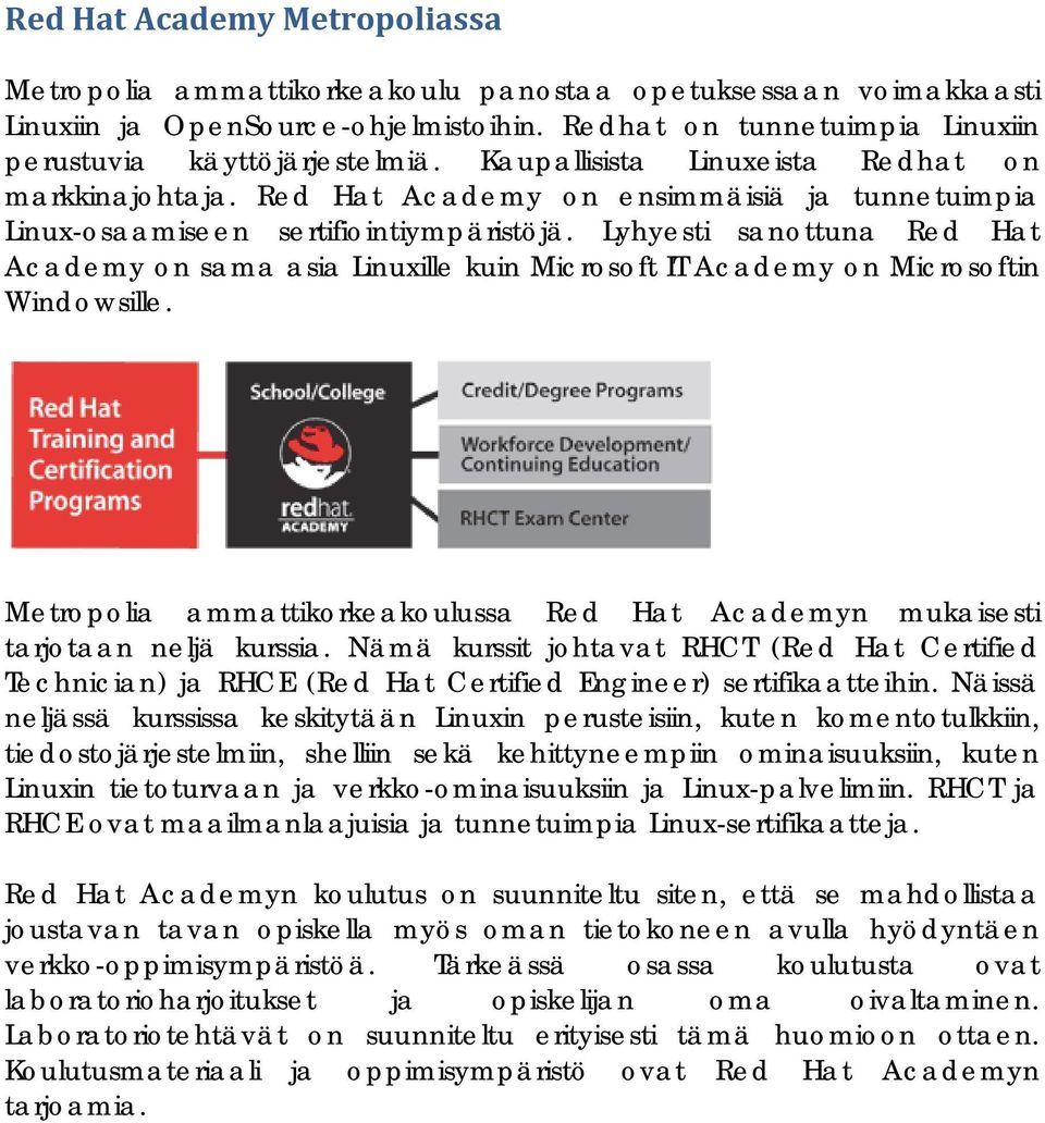 Lyhyesti sanottuna Red Hat Academy on sama asia Linuxille kuin Microsoft IT Academy on Microsoftin Windowsille. Metropolia ammattikorkeakoulussa Red Hat Academyn mukaisesti tarjotaan neljä kurssia.