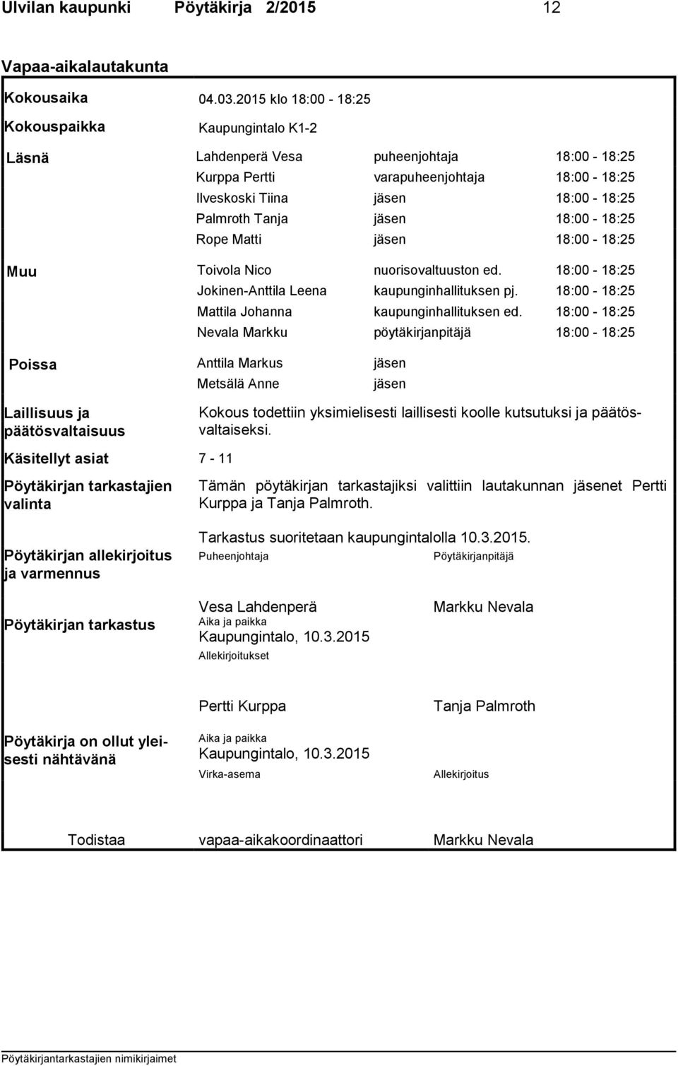 jäsen 18:00-18:25 Rope Matti jäsen 18:00-18:25 Muu Toivola Nico nuorisovaltuuston ed. 18:00-18:25 Jokinen-Anttila Leena kaupunginhallituksen pj. 18:00-18:25 Mattila Johanna kaupunginhallituksen ed.