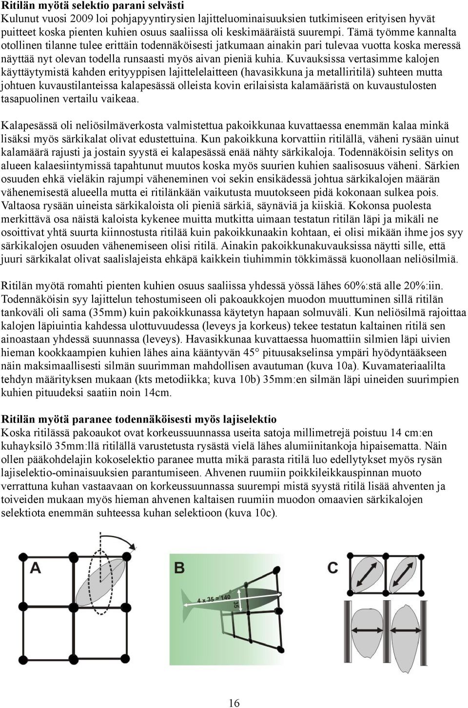 Kuvauksissa vertasimme kalojen käyttäytymistä kahden erityyppisen lajittelelaitteen (havasikkuna ja metalliritilä) suhteen mutta johtuen kuvaustilanteissa kalapesässä olleista kovin erilaisista