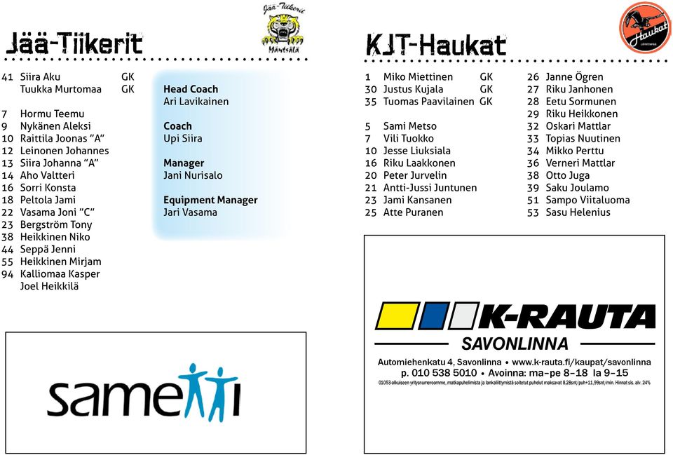 Manager Jari Vasama 1 Miko Miettinen GK 30 Justus Kujala GK 35 Tuomas Paavilainen GK 5 Sami Metso 7 Vili Tuokko 10 Jesse Liuksiala 16 Riku Laakkonen 20 Peter Jurvelin 21 Antti-Jussi Juntunen 23 Jami