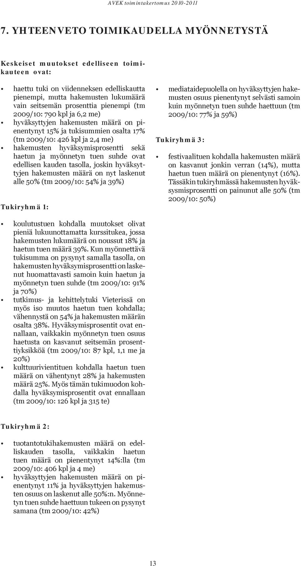 myönnetyn tuen suhde ovat edellisen kauden tasolla, joskin hyväksyttyjen hakemusten määrä on nyt laskenut alle 50% (tm 2009/10: 54% ja 39%) Tukiryhmä 1: mediataidepuolella on hyväksyttyjen hakemusten