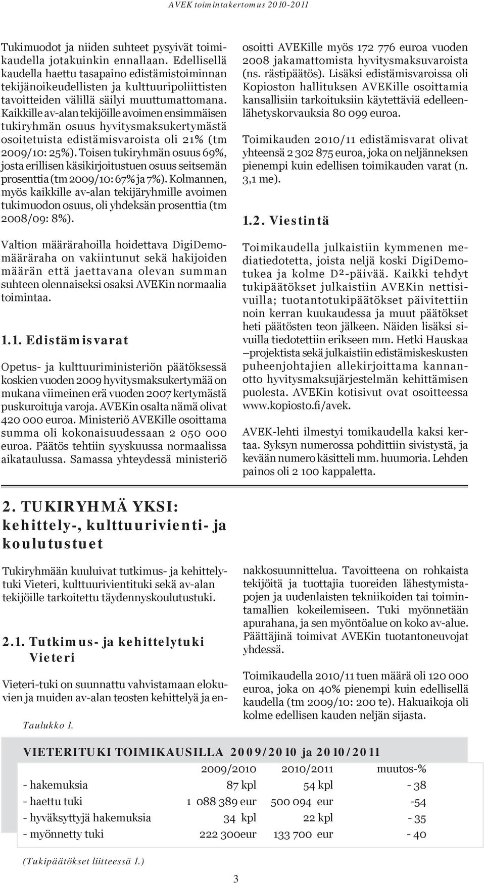 Kaikkille av-alan tekijöille avoimen ensimmäisen tukiryhmän osuus hyvitysmaksukertymästä osoitetuista edistämisvaroista oli 21% (tm 2009/10: 25%).