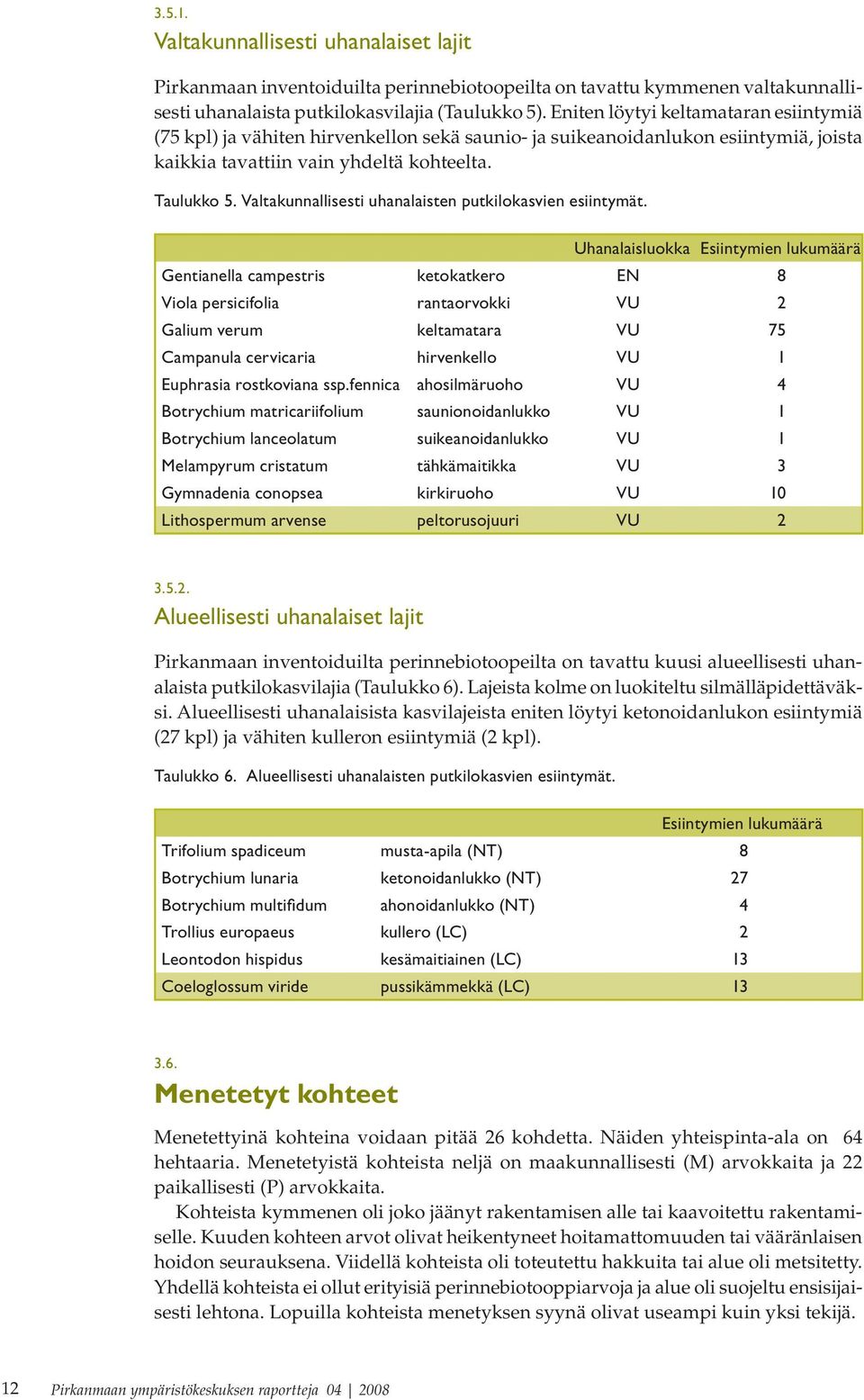 Valtakunnallisesti uhanalaisten putkilokasvien esiintymät.