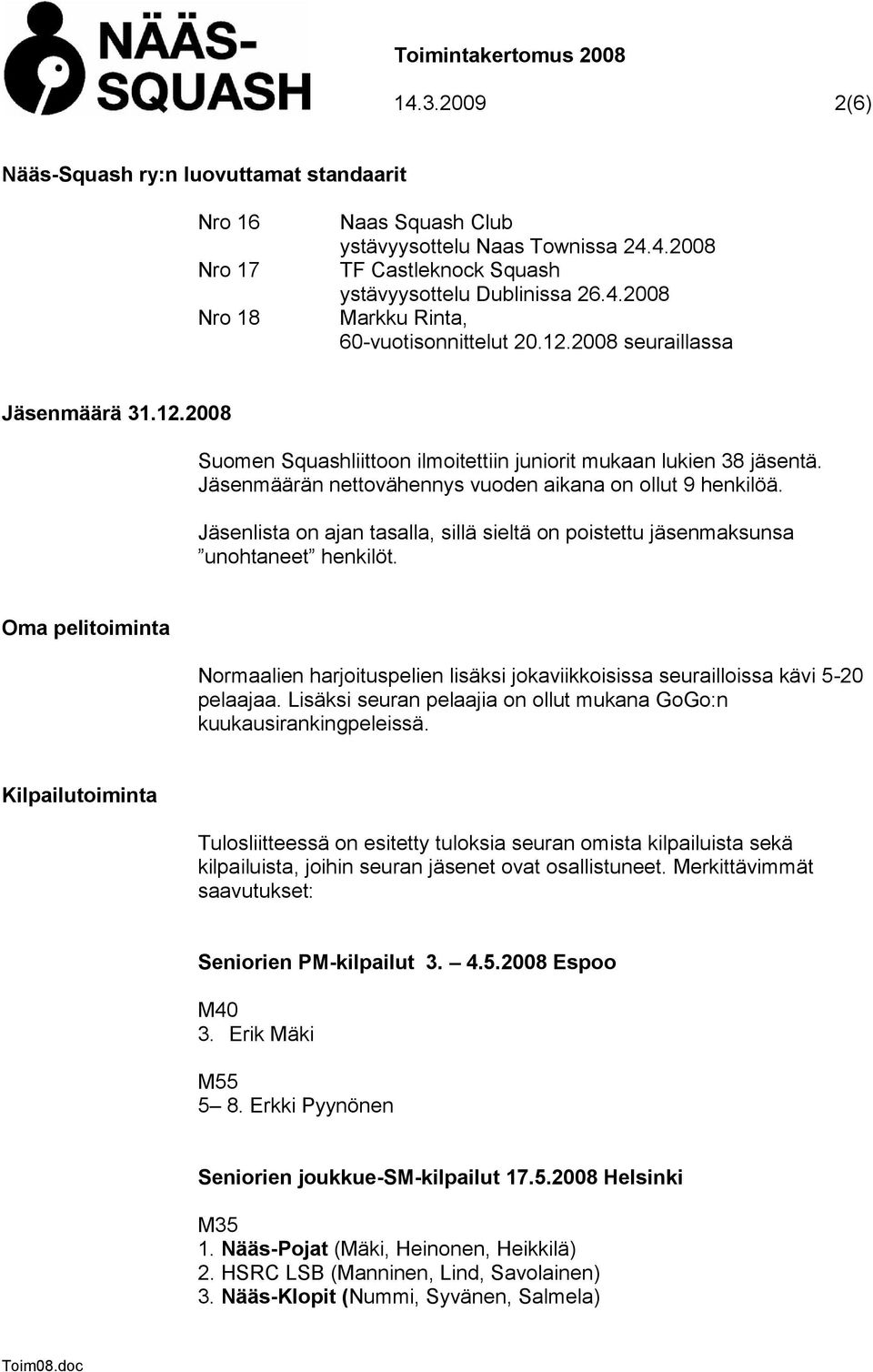 Jäsenlista on ajan tasalla, sillä sieltä on poistettu jäsenmaksunsa unohtaneet henkilöt. Oma pelitoiminta Normaalien harjoituspelien lisäksi jokaviikkoisissa seurailloissa kävi 5-20 pelaajaa.