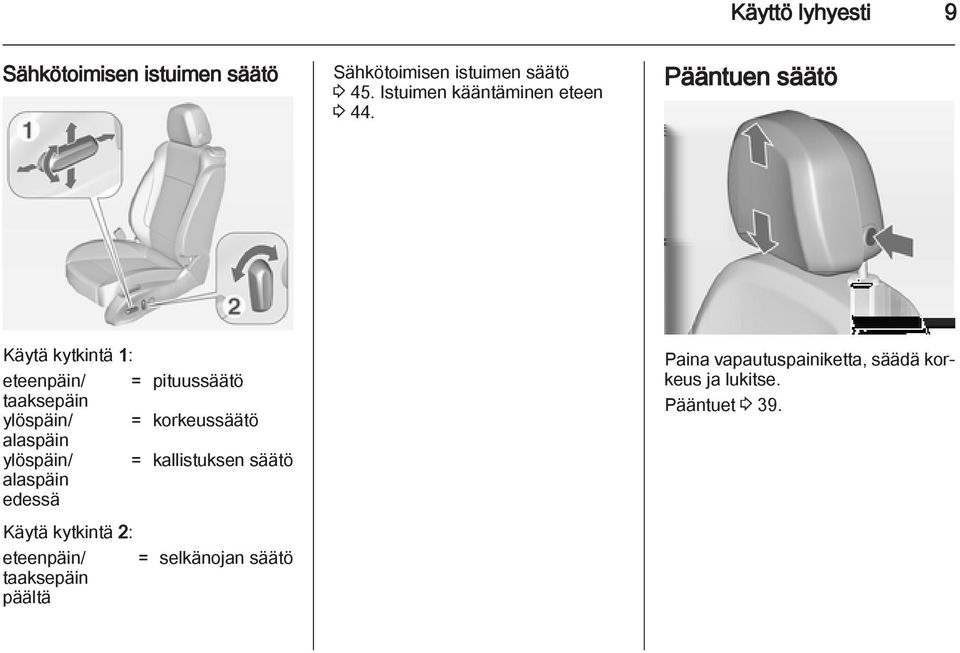 Pääntuen säätö Käytä kytkintä 1: eteenpäin/ = pituussäätö taaksepäin ylöspäin/ = korkeussäätö