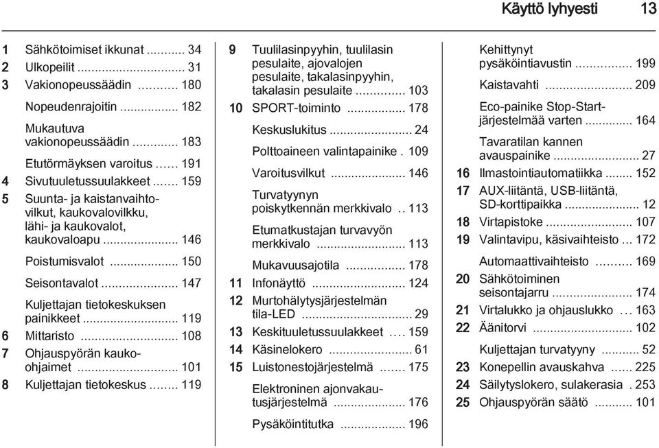 .. 147 Kuljettajan tietokeskuksen painikkeet... 119 6 Mittaristo... 108 7 Ohjauspyörän kaukoohjaimet... 101 8 Kuljettajan tietokeskus.