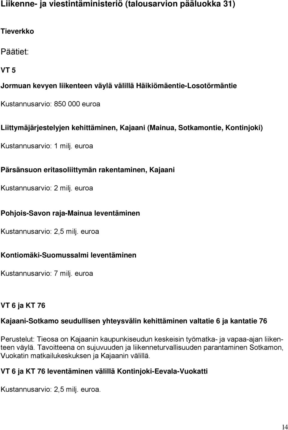 euroa Pohjois-Savon raja-mainua leventäminen Kustannusarvio: 2,5 milj. euroa Kontiomäki-Suomussalmi leventäminen Kustannusarvio: 7 milj.