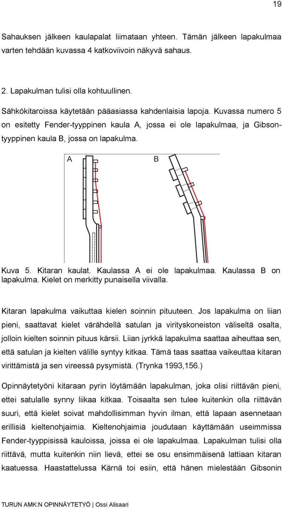 Kitaran kaulat. Kaulassa A ei ole lapakulmaa. Kaulassa B on lapakulma. Kielet on merkitty punaisella viivalla. Kitaran lapakulma vaikuttaa kielen soinnin pituuteen.