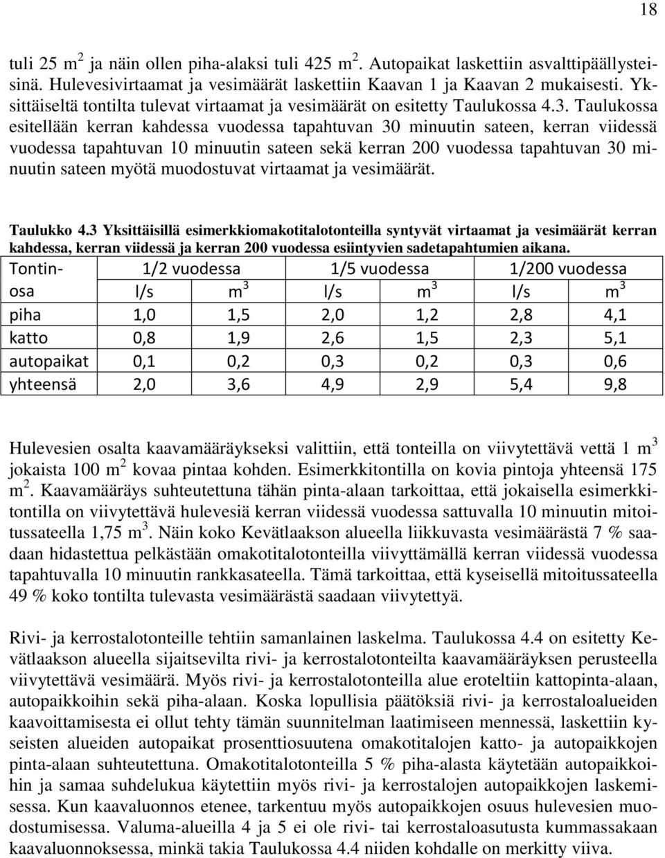 Taulukossa esitellään kerran kahdessa vuodessa tapahtuvan 30 minuutin sateen, kerran viidessä vuodessa tapahtuvan 10 minuutin sateen sekä kerran 200 vuodessa tapahtuvan 30 minuutin sateen myötä