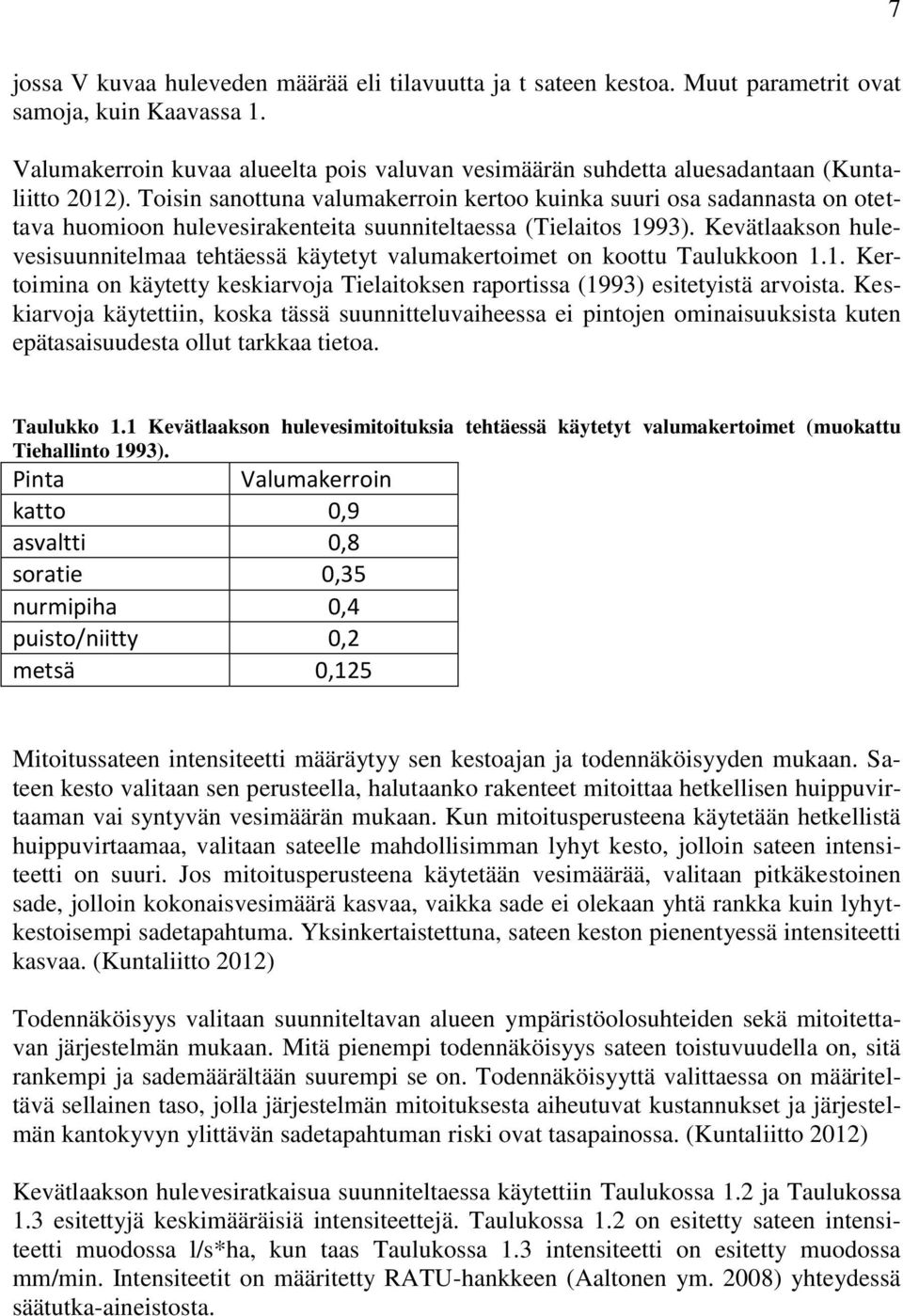 Toisin sanottuna valumakerroin kertoo kuinka suuri osa sadannasta on otettava huomioon hulevesirakenteita suunniteltaessa (Tielaitos 1993).