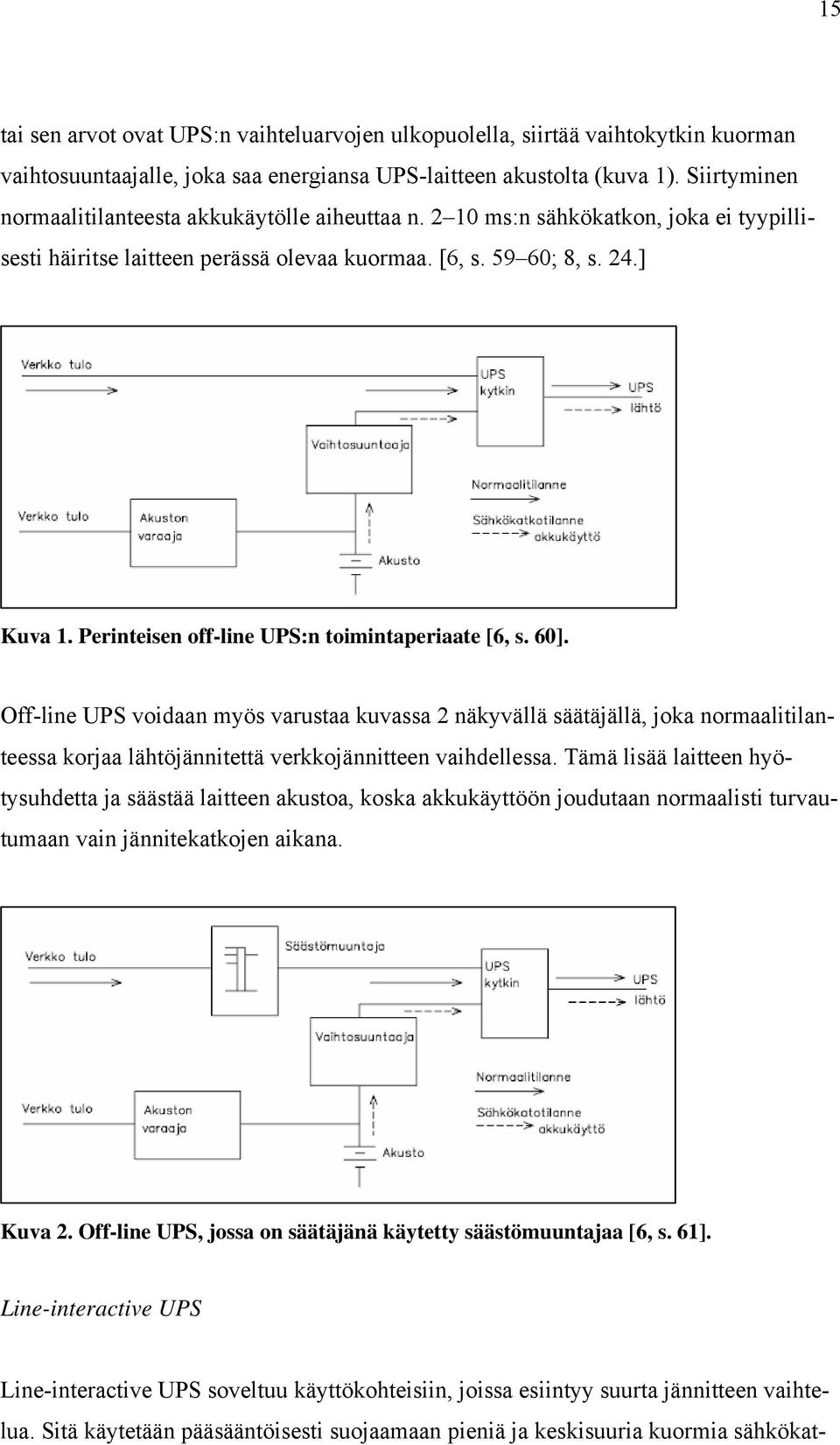 Perinteisen off-line UPS:n toimintaperiaate [6, s. 60].