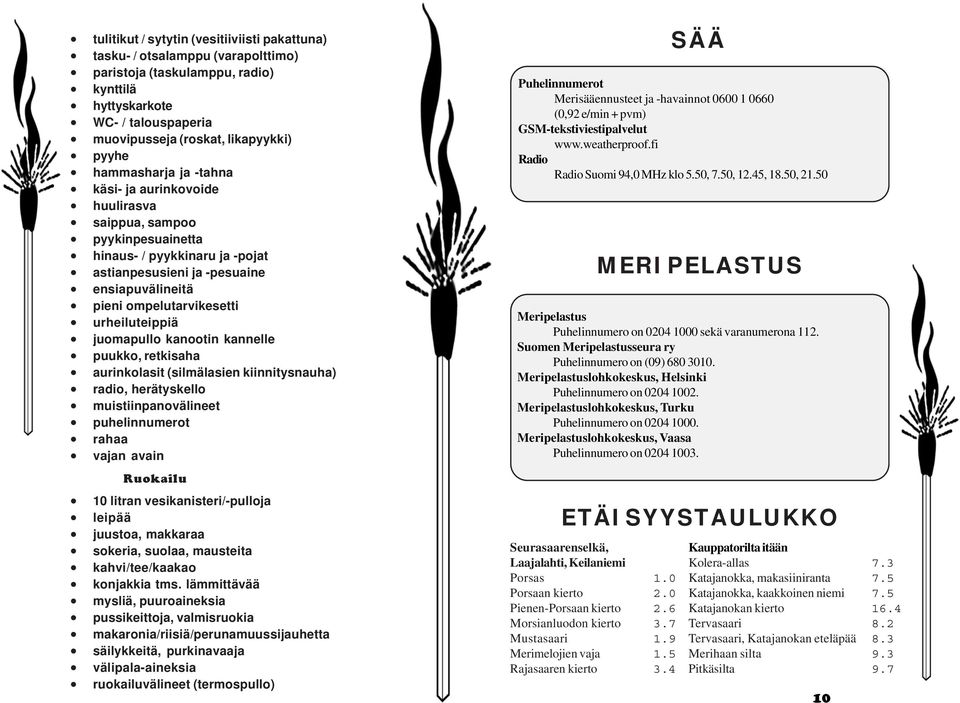 urheiluteippiä juomapullo kanootin kannelle puukko, retkisaha aurinkolasit (silmälasien kiinnitysnauha) radio, herätyskello muistiinpanovälineet puhelinnumerot rahaa vajan avain Ruokailu 10 litran