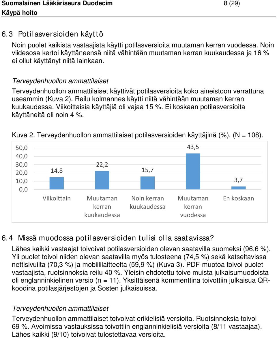 Terveydenhuollon ammattilaiset Terveydenhuollon ammattilaiset käyttivät potilasversioita koko aineistoon verrattuna useammin (Kuva 2).