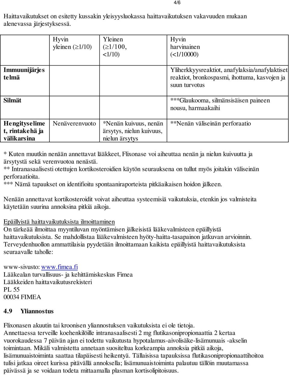 Silmät ***Glaukooma, silmänsisäisen paineen nousu, harmaakaihi Hengityselime t, rintakehä ja välikarsina Nenäverenvuoto *Nenän kuivuus, nenän ärsytys, nielun kuivuus, nielun ärsytys **Nenän