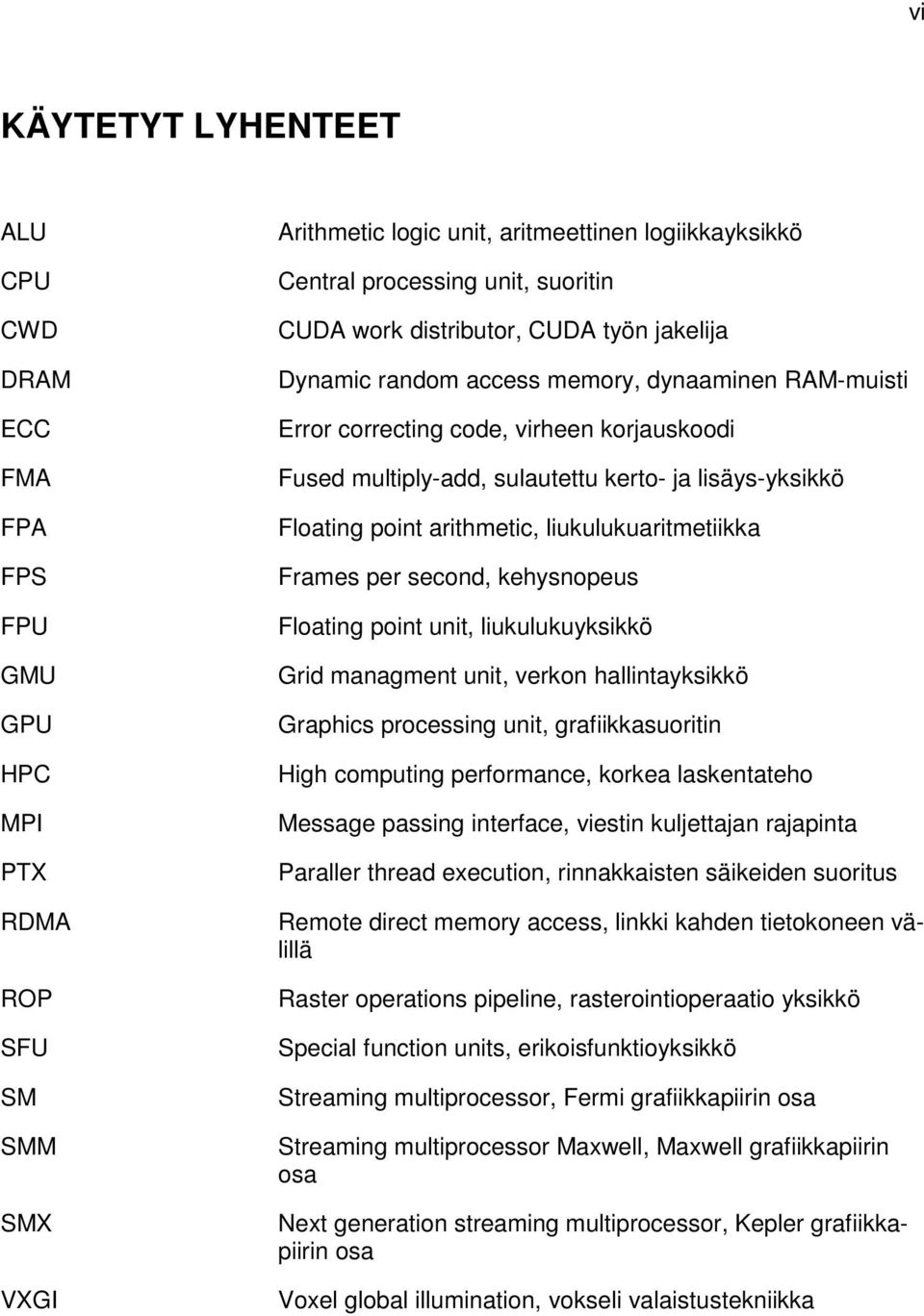 point arithmetic, liukulukuaritmetiikka Frames per second, kehysnopeus Floating point unit, liukulukuyksikkö Grid managment unit, verkon hallintayksikkö Graphics processing unit, grafiikkasuoritin