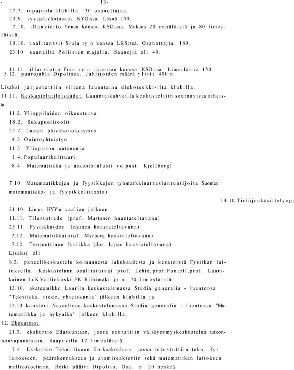 Lisäksi järjestettiin viitenä lauantaina diskoteekki-ilta klubilla. 11.11. Keskustelutilaisuudet. Lauantaikahveilla keskusteltiin seuraavista aiheista: 11.2. Ylioppilaiden oikeusturva 18.2. Sukupuoliroolit 25.