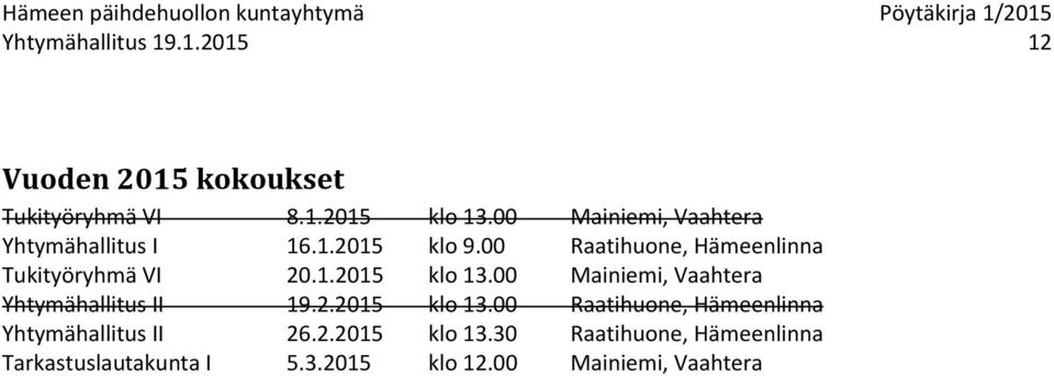 1.2015 klo 13.00 Mainiemi, Vaahtera Yhtymähallitus II 19.2.2015 klo 13.00 Raatihuone, Hämeenlinna Yhtymähallitus II 26.