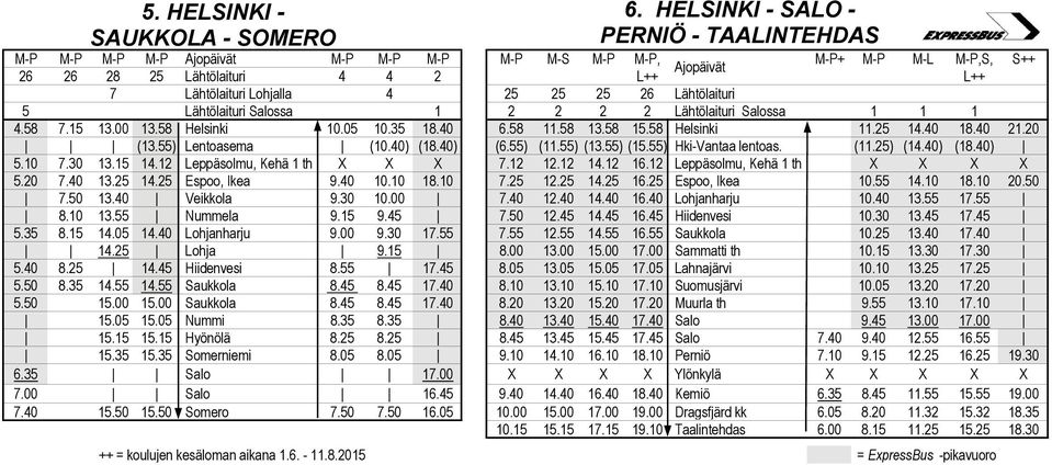 25 26 Lähtölaituri 5 Lähtölaituri Salossa 1 2 2 2 2 Lähtölaituri Salossa 1 1 1 4.58 7.15 13.00 13.58 Helsinki 10.05 10.35 18.40 6.58 11.58 13.58 15.58 Helsinki 11.25 14.40 18.40 21.20 (13.