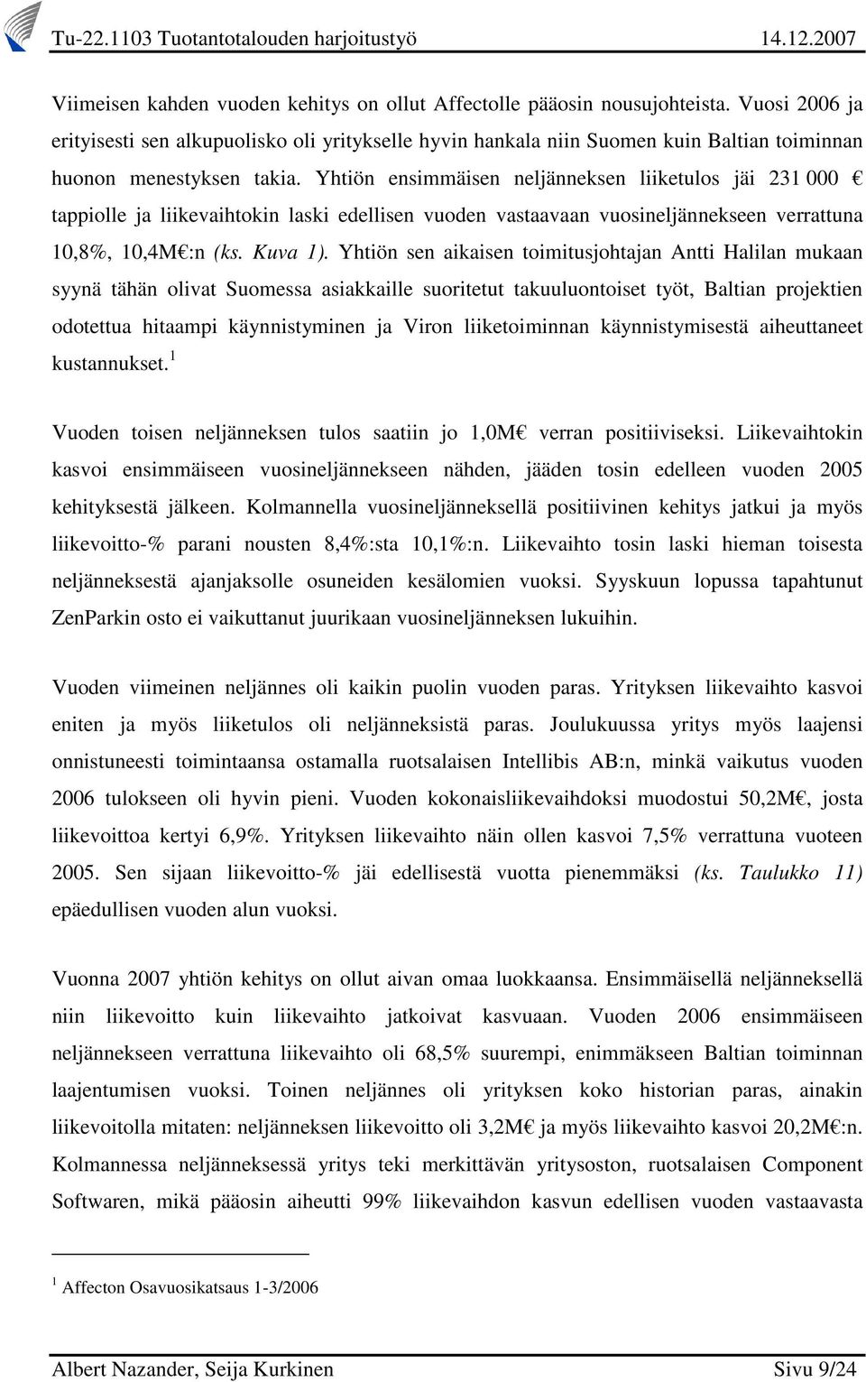 Yhtiön ensimmäisen neljänneksen liiketulos jäi 231 000 tappiolle ja liikevaihtokin laski edellisen vuoden vastaavaan vuosineljännekseen verrattuna 10,8%, 10,4M :n (ks. Kuva 1).