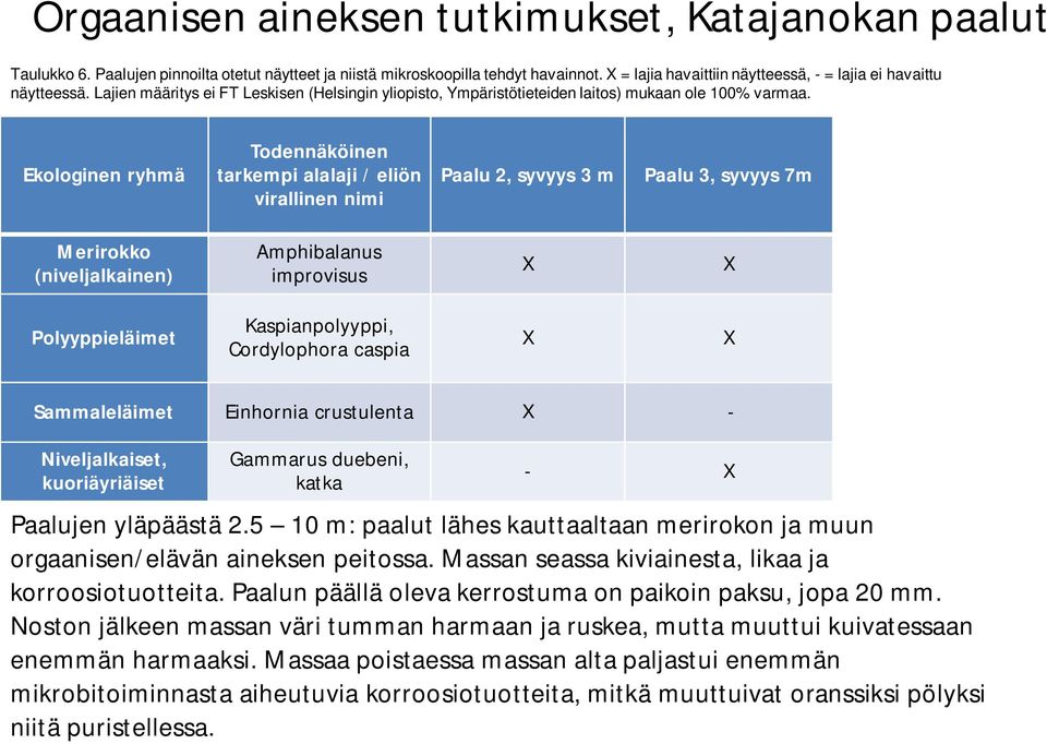 Ekologinen ryhmä Todennäköinen tarkempi alalaji / eliön virallinen nimi Paalu 2, syvyys 3 m Paalu 3, syvyys 7m Merirokko (niveljalkainen) Amphibalanus improvisus X X Polyyppieläimet Kaspianpolyyppi,