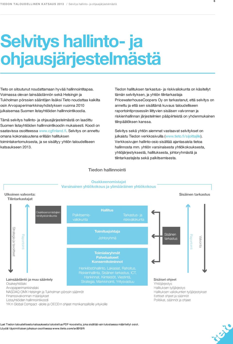 hallinnointikoodia. Tämä selvitys hallinto- ja ohjausjärjestelmästä on laadittu Suomen listayhtiöiden hallinnointikoodin mukaisesti. Koodi on saatavissa osoitteessa www.cgfin